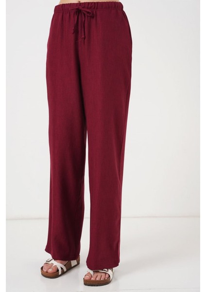 Geniş Paça Keten Pantolon 6735 - Bordo