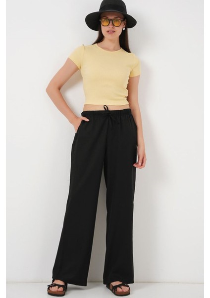 Geniş Paça Keten Pantolon 6735 - Siyah