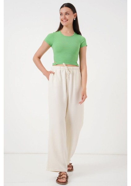 Geniş Paça Keten Pantolon 6735 - Ekru