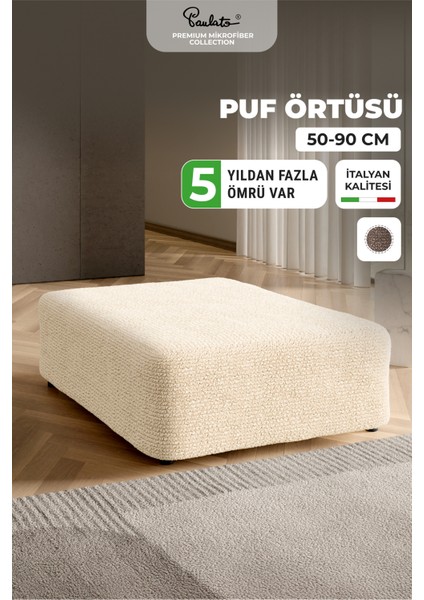Lastikli Esnek ve Yıkanabilir Puf Örtüsü Puf Kılıfı - Vanilya