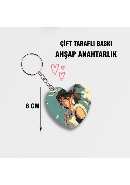Studio Ghibli Prenses Mononoke Kalp Ahşap Anahtarlık - Çift Taraflı Baskı - 6cm