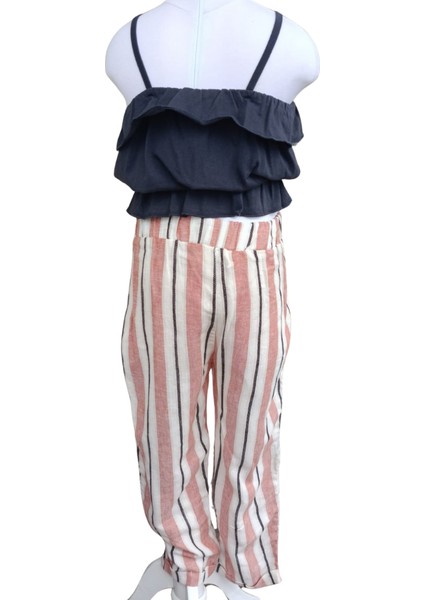 Kız Çocuk Askılı Crop Siyah T-Shirt Çizgili Pantolon İkili Takım 6-7 Yaş