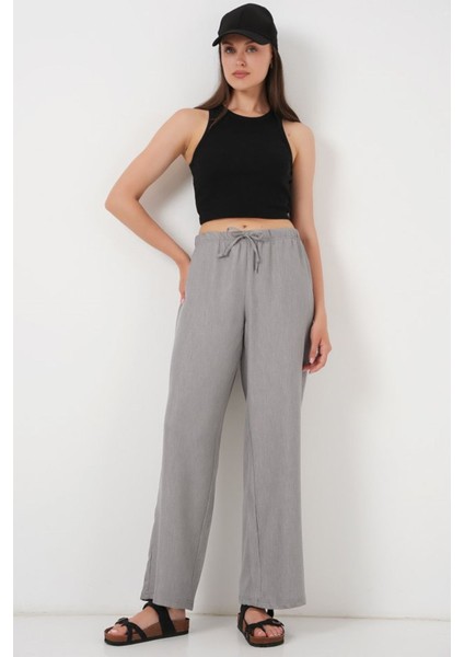 Geniş Paça Keten Pantolon 6735 - Gri