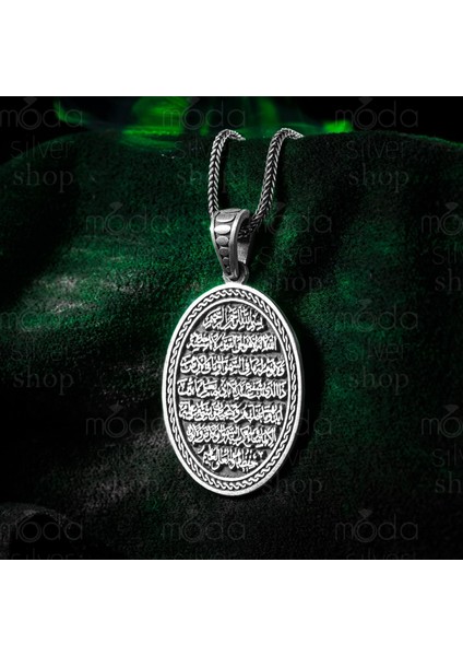 925 Ayar Gümüş Oval Ayet-El Kürsi Yazılı Erkek Kolye