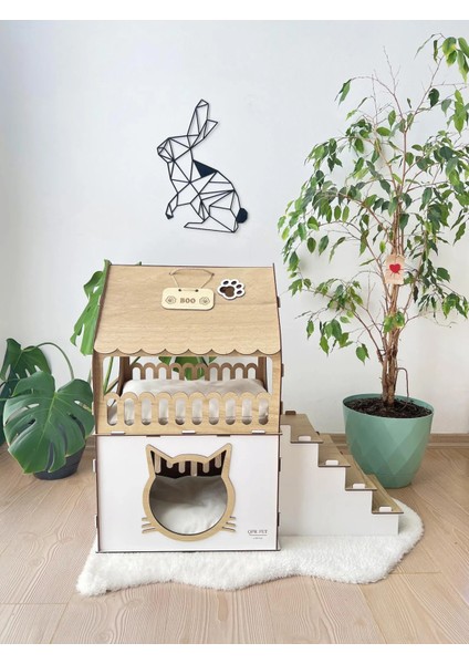 Ahşap İki Katlı Kedi Kalesi │ Modern Tavşan Mobilyası │ Ahşap Evcil Hayvan Evi │ QPR DESIGN