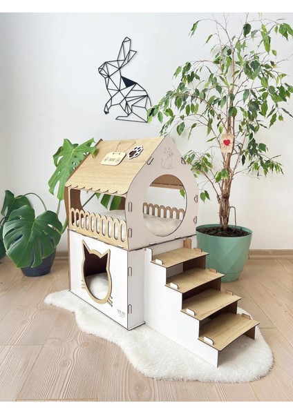 Ahşap İki Katlı Kedi Kalesi │ Modern Tavşan Mobilyası │ Ahşap Evcil Hayvan Evi │ QPR DESIGN