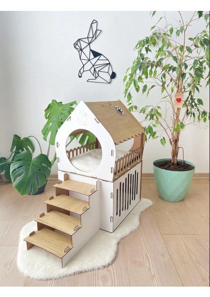 Ahşap İki Katlı Kedi Kalesi │ Modern Tavşan Mobilyası │ Ahşap Evcil Hayvan Evi │ QPR DESIGN