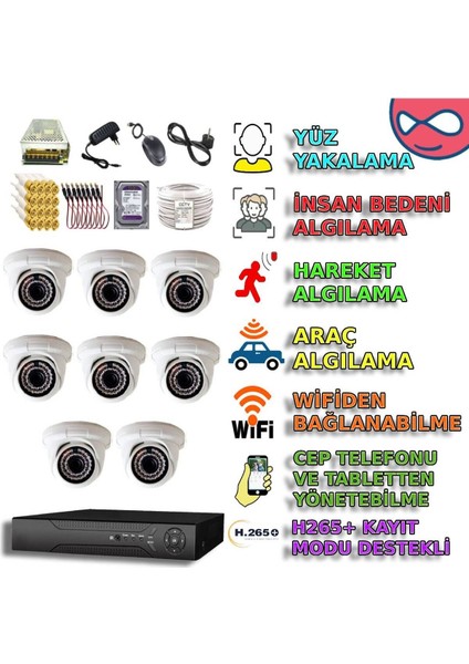 BYXMD136BSET8 8 Kameralı 5MP Dome AI Destekli İç Mekan Güvenlik Seti, 36 IR LED