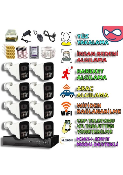 BEYXM2406SET8 - 8 Kameralı Profesyonel Renkli Gece Görüşlü Yapay Zeka Güvenlik Sistemi