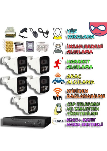 5 Kameralı 6 Warm Ledli 5mp 3.6 Sony Lens Gece Renkli Gösteren Yüksek Kaliteli Metal Kasa Güvenlik Kamera Seti