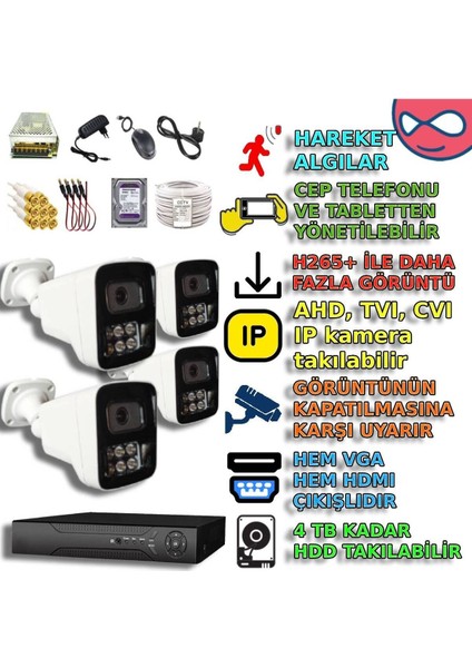 Beyxm2406set4 - 4 Kameralı Renkli Gece Görüşlü Akıllı Metal Güvenlik Seti