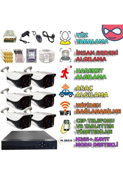 6 Kameralı Insan Araç Yüz Algılayan 36 Ir Ledli Çok Şık Metal Kasa Güvenlik Kamera Seti