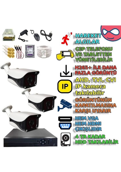 Btxm336set3 - 3 Kameralı Yapay Zeka Destekli Metal Ir Led Güvenlik Seti