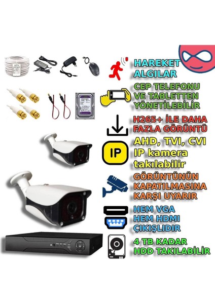 BYXM336SET2 2 Kameralı 5MP IR LED’li Metal Kasa Yapay Zekalı Kamera Seti
