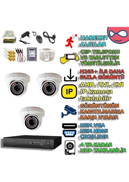 Byxmd136bset3 3 Kameralı 5mp Aı Destekli Iç Mekan Dome Kamera Seti, 36 Ir Led