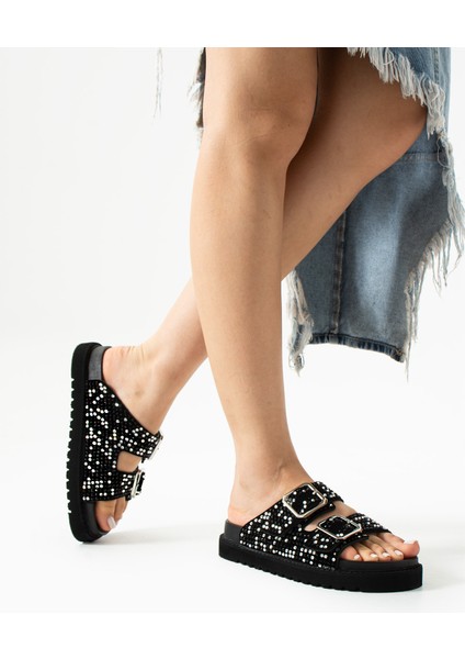 Helder Hakiki Deri Çift Tokalı Siyah Terlik