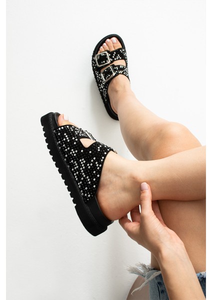 Helder Hakiki Deri Çift Tokalı Siyah Terlik modelleri