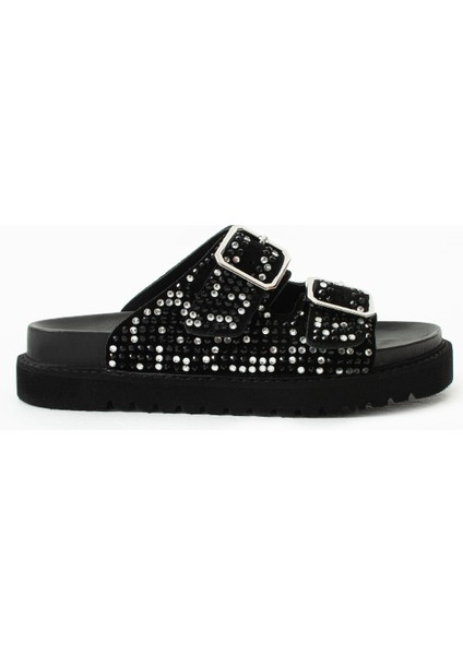 Helder Hakiki Deri Çift Tokalı Siyah Terlik