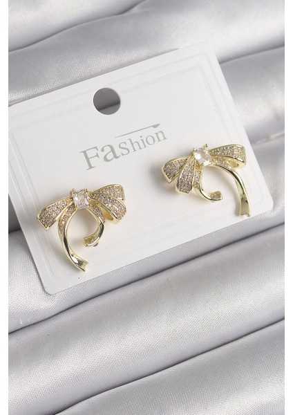 Pirinç Gold Renk Zirkon Taşlı Fiyonk Model Kadın Küpe - TJ-BKP9999