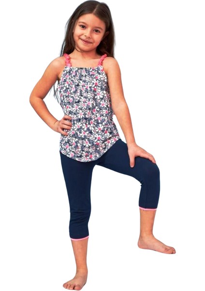 Kız Çocuk Çiçek Desenli Askılı Bluz Lacivert Taytlı İkili Takım 2-3 Yaş Lacivert