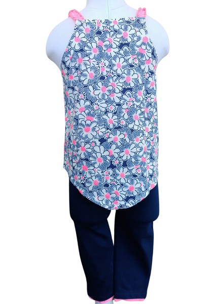 Kız Çocuk Çiçek Desenli Askılı Bluz Lacivert Taytlı İkili Takım 2-3 Yaş Lacivert fırsatları