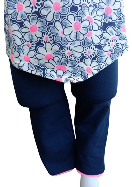 Kız Çocuk Çiçek Desenli Askılı Bluz Lacivert Taytlı İkili Takım 2-3 Yaş Lacivert