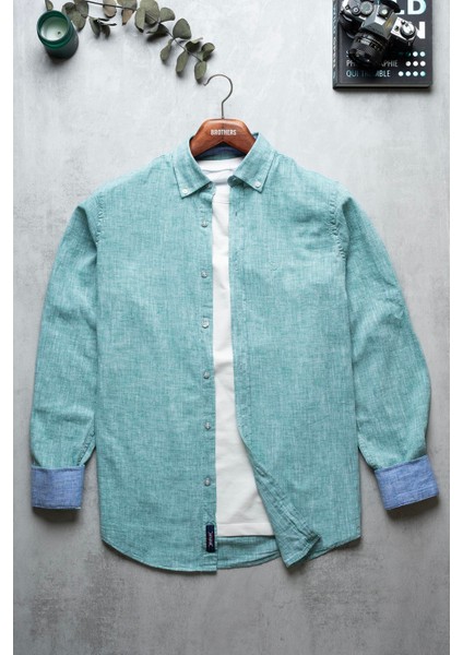 Erkek Tailored Fit Uzun Kol Logo Nakışlı Yıkamalı Pamuk Keten Gömlek Lindy Ls B01.251.709 - Yeşil