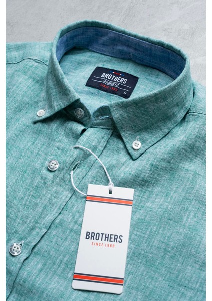 Erkek Tailored Fit Uzun Kol Logo Nakışlı Yıkamalı Pamuk Keten Gömlek Lindy Ls B01.251.709 - Yeşil