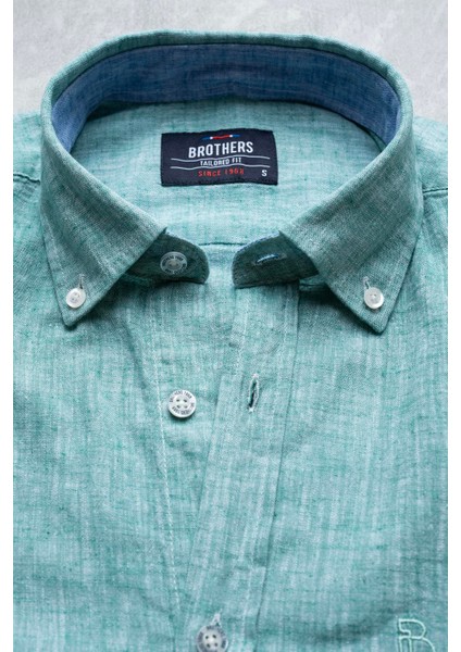 Erkek Tailored Fit Uzun Kol Logo Nakışlı Yıkamalı Pamuk Keten Gömlek Lindy Ls B01.251.709 - Yeşil
