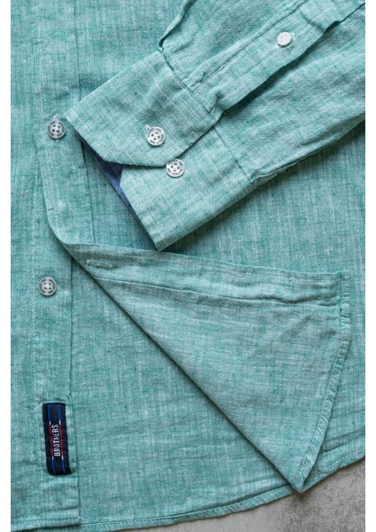Erkek Tailored Fit Uzun Kol Logo Nakışlı Yıkamalı Pamuk Keten Gömlek Lindy Ls B01.251.709 - Yeşil