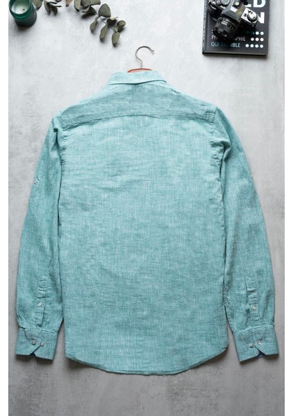 Erkek Tailored Fit Uzun Kol Logo Nakışlı Yıkamalı Pamuk Keten Gömlek Lindy Ls B01.251.709 - Yeşil