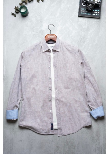 Erkek Tailored Fit Uzun Kol Logo Nakışlı Yıkamalı Pamuk Keten Gömlek Lindy Ls B01.251.709 - Karamel