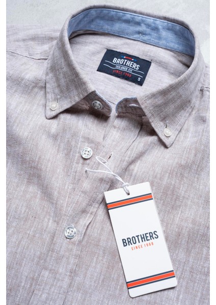 Erkek Tailored Fit Uzun Kol Logo Nakışlı Yıkamalı Pamuk Keten Gömlek Lindy Ls B01.251.709 - Karamel