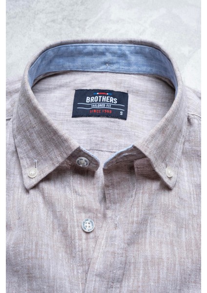 Erkek Tailored Fit Uzun Kol Logo Nakışlı Yıkamalı Pamuk Keten Gömlek Lindy Ls B01.251.709 - Karamel