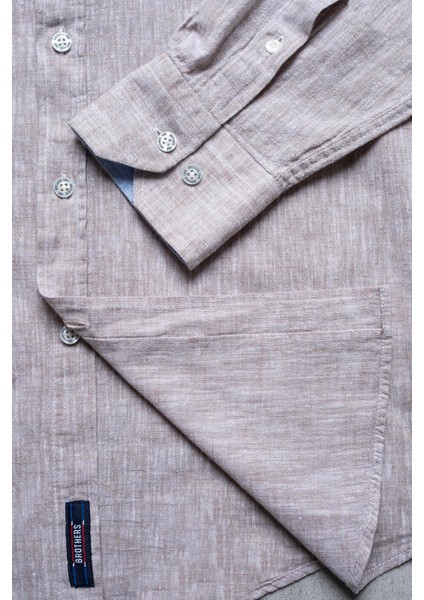 Erkek Tailored Fit Uzun Kol Logo Nakışlı Yıkamalı Pamuk Keten Gömlek Lindy Ls B01.251.709 - Karamel