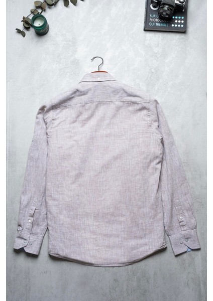 Erkek Tailored Fit Uzun Kol Logo Nakışlı Yıkamalı Pamuk Keten Gömlek Lindy Ls B01.251.709 - Karamel