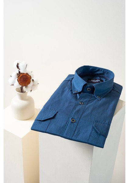 Erkek Comfort Fit Kısa Kol Çift Cep Kapaklı Yıkamalı Poplin Gömlek Fargo Ss B01.251.387 - Lacivert