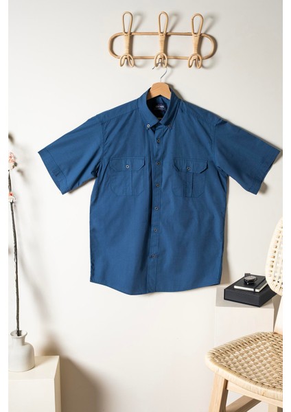 Erkek Comfort Fit Kısa Kol Çift Cep Kapaklı Yıkamalı Poplin Gömlek Fargo Ss B01.251.387 - Lacivert