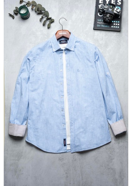 Erkek Tailored Fit Uzun Kol Logo Nakışlı Yıkamalı Pamuk Keten Gömlek Lindy Ls B01.251.709 - Gök Mavisi