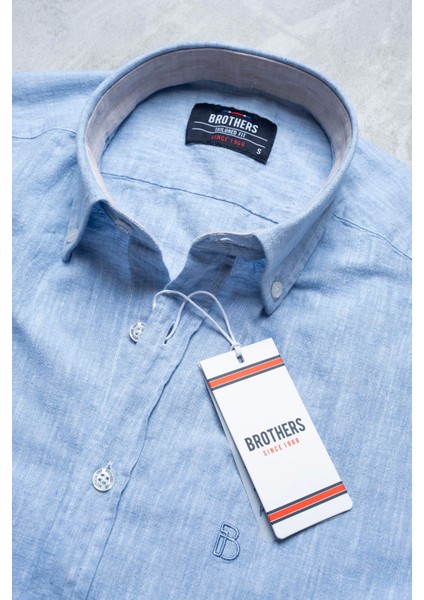 Erkek Tailored Fit Uzun Kol Logo Nakışlı Yıkamalı Pamuk Keten Gömlek Lindy Ls B01.251.709 - Gök Mavisi