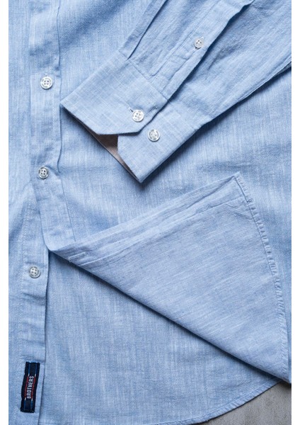 Erkek Tailored Fit Uzun Kol Logo Nakışlı Yıkamalı Pamuk Keten Gömlek Lindy Ls B01.251.709 - Gök Mavisi