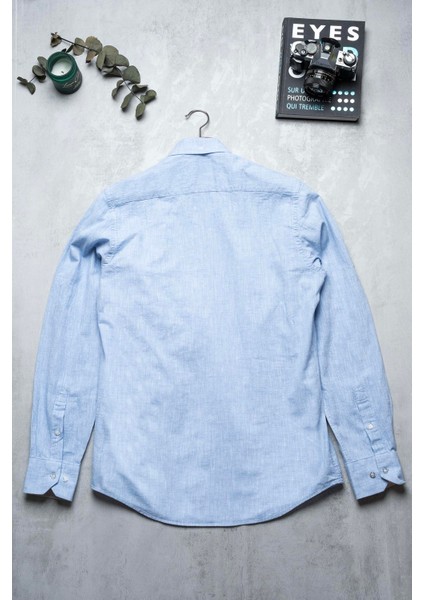 Erkek Tailored Fit Uzun Kol Logo Nakışlı Yıkamalı Pamuk Keten Gömlek Lindy Ls B01.251.709 - Gök Mavisi