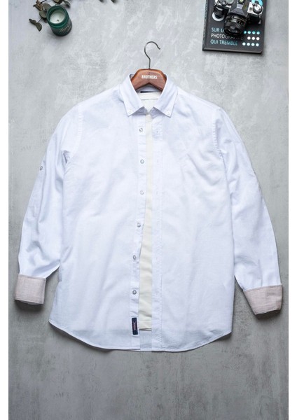 Erkek Tailored Fit Uzun Kol Logo Nakışlı Yıkamalı Pamuk Keten Gömlek Lindy Ls B01.251.709 - Beyaz