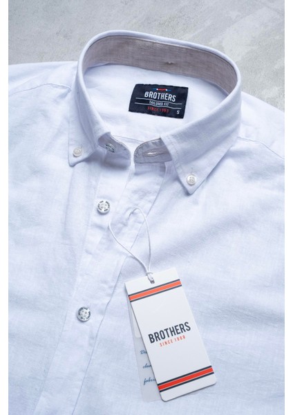 Erkek Tailored Fit Uzun Kol Logo Nakışlı Yıkamalı Pamuk Keten Gömlek Lindy Ls B01.251.709 - Beyaz
