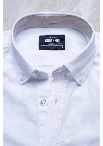 Erkek Tailored Fit Uzun Kol Logo Nakışlı Yıkamalı Pamuk Keten Gömlek Lindy Ls B01.251.709 - Beyaz