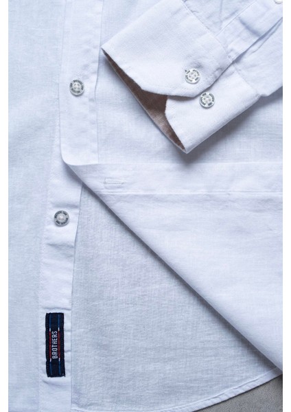 Erkek Tailored Fit Uzun Kol Logo Nakışlı Yıkamalı Pamuk Keten Gömlek Lindy Ls B01.251.709 - Beyaz