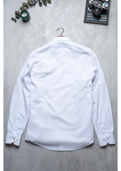Erkek Tailored Fit Uzun Kol Logo Nakışlı Yıkamalı Pamuk Keten Gömlek Lindy Ls B01.251.709 - Beyaz