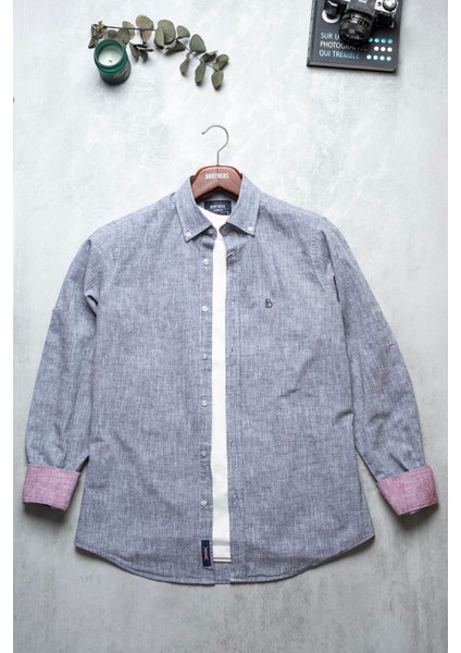 Erkek Tailored Fit Uzun Kol Logo Nakışlı Yıkamalı Pamuk Keten Gömlek Lindy Ls B01.251.709 - Gri