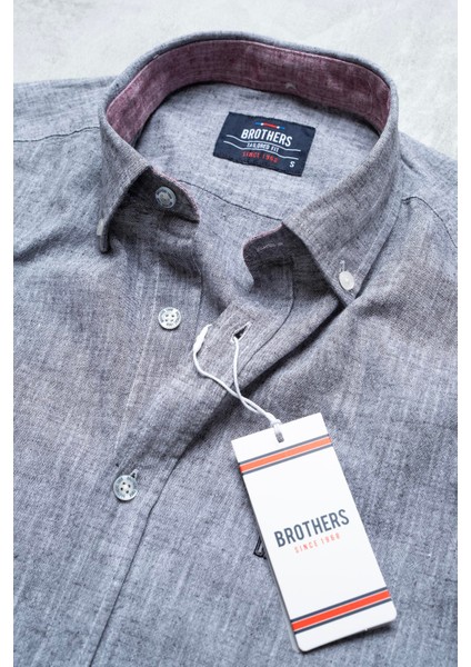 Erkek Tailored Fit Uzun Kol Logo Nakışlı Yıkamalı Pamuk Keten Gömlek Lindy Ls B01.251.709 - Gri