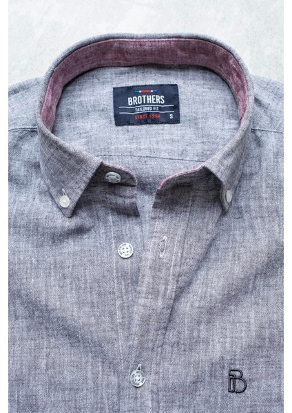 Erkek Tailored Fit Uzun Kol Logo Nakışlı Yıkamalı Pamuk Keten Gömlek Lindy Ls B01.251.709 - Gri